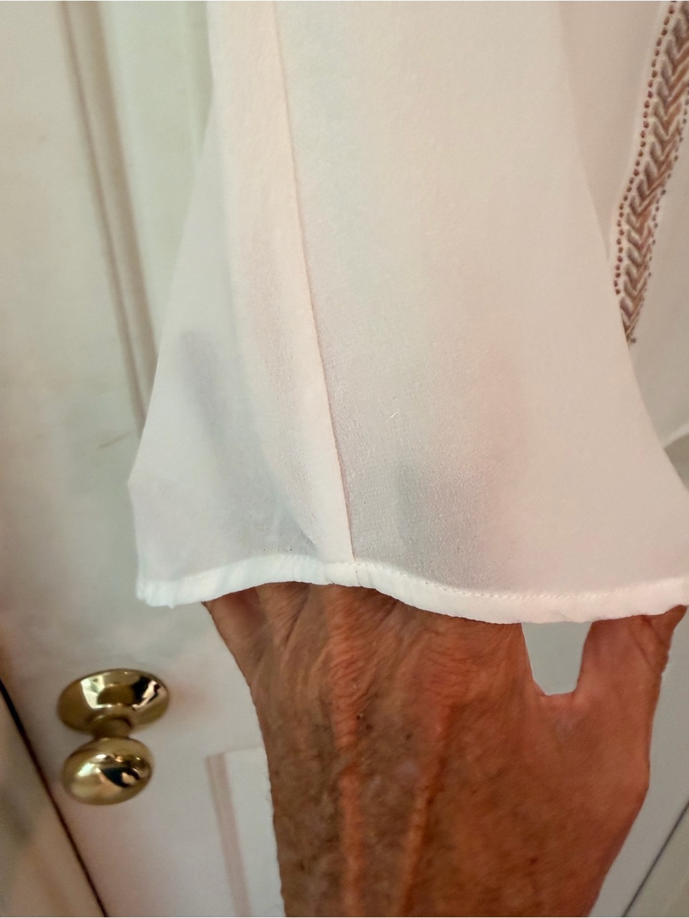 White Silk Sleeveless V-Neck Blouse, Center Gold Metallic Trim by AMS Pure, Sz S - Picture 7 of 14